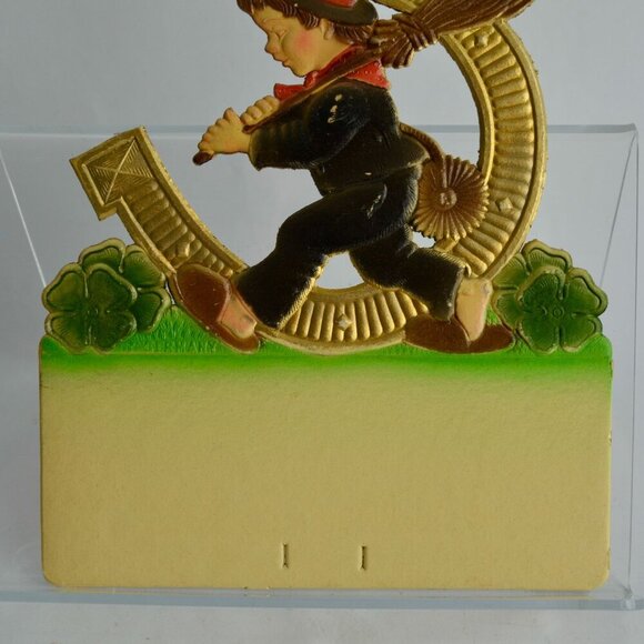Pressed Cardboard Calendar Topper Boy Lucky Clover Horseshoe Germany - Picture 2 of 4